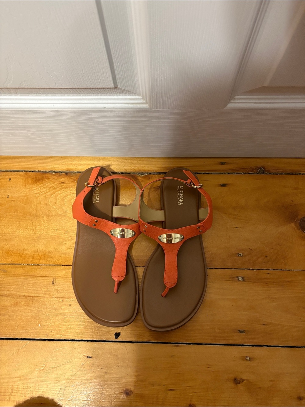 Michael Kors Orange Leather T-Strap Sandals with Gold Logo